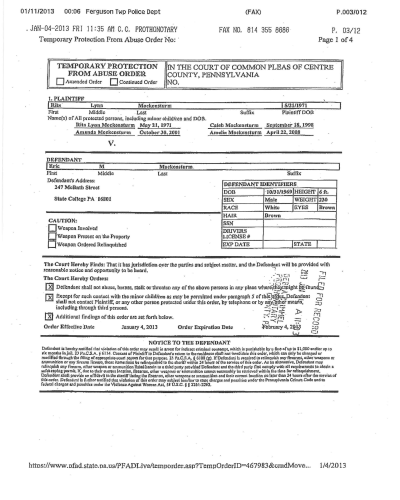 Arrest Warrant A scanned legal document titled Temporary Protection From Abuse Order from Centre County, Pennsylvania, dated January 4, 2013.