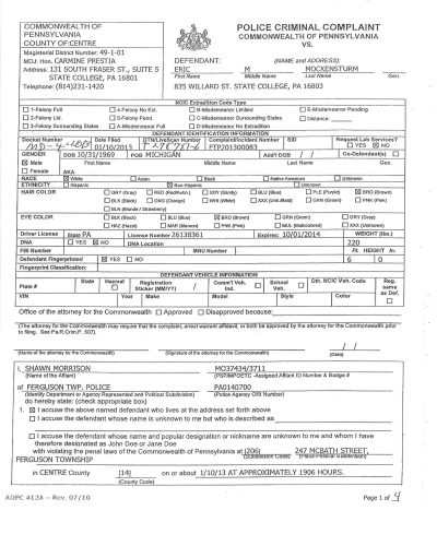 Arrest Warrant A scanned police criminal complaint form from Pennsylvania dated January 10, 2013, containing defendant identification and accusation details.
