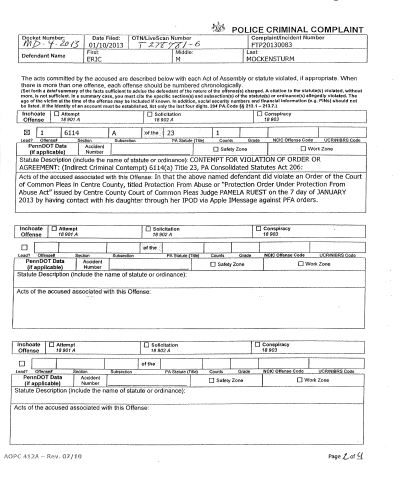 Arrest Warrant Police Criminal Complaint form showing defendant Eric Mockensturm charged with contempt for violation of order, dated January 2013