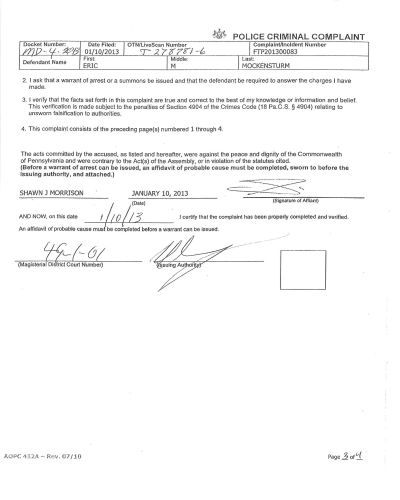 Arrest Warrant A scanned police criminal complaint form from January 10, 2013, with handwritten entries for defendant name, date filed, and signatures.