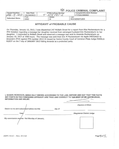 Arrest Warrant A scanned police criminal complaint affidavit document dated January 10, 2013, detailing a PFA violation involving an iMessage between estranged parties.