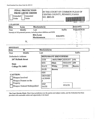 A legal document titled 'Final Protection From Abuse Order' from Centre County, Pennsylvania, containing plaintiff and defendant information.