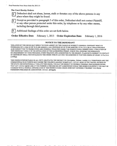 A scanned legal document titled 'Final Protection From Abuse Order No: 2013-31' with court orders, dates, and violation notices.