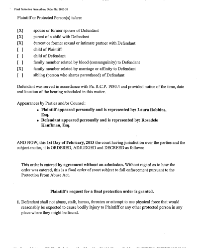 A scanned legal document titled 'Final Protection From Abuse Order No: 2013-31' with checked boxes for plaintiff relationships and court orders dated February 1, 2013.