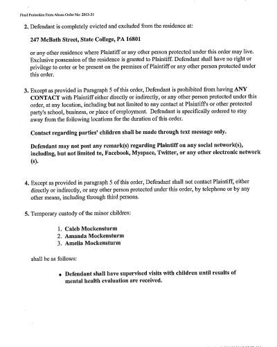 A scanned legal document page showing paragraphs of a Protection From Abuse Order, including eviction terms, contact restrictions, and temporary custody arrangements for three chil