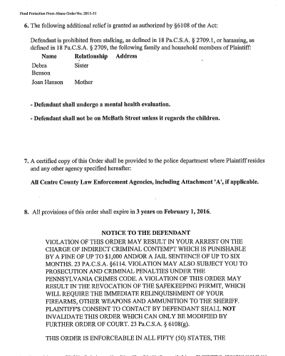 A legal document page showing a Final Protection From Abuse Order with numbered sections detailing restrictions, names, and penalties.