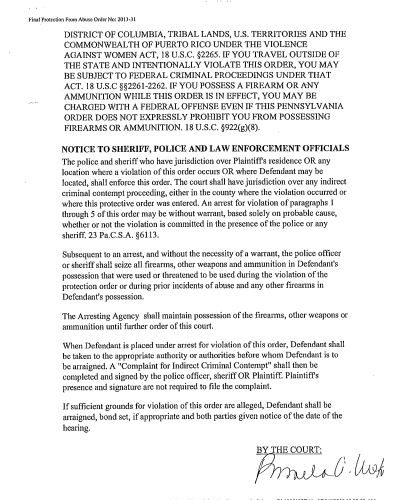 A printed legal document titled 'Final Protection From Abuse Order No: 2013-31' containing text about federal criminal proceedings, notice to law enforcement, and court instruction