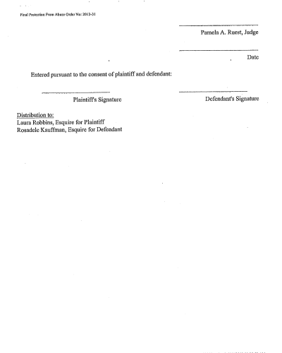 A scanned legal document titled 'Final Protection From Abuse Order No: 2013-31' with signature lines for plaintiff and defendant, judge's name, date field, and distribution list.