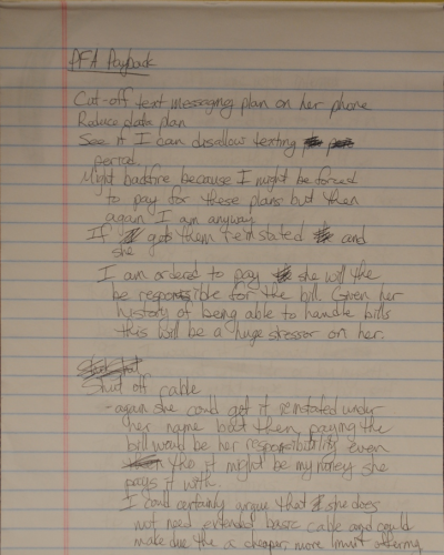 PFA Payback Handwritten note on lined paper with Staples logo at top, discussing phone plan changes and cable service decisions.