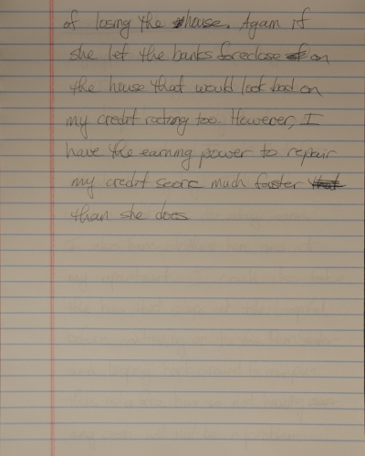 PFA Payback Handwritten note on lined paper discussing house loss, credit rating impact, and personal earning power to repair credit.