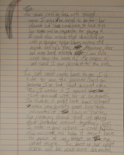 PFA Payback Handwritten notes on lined paper discussing internet access options and credit card accounts.