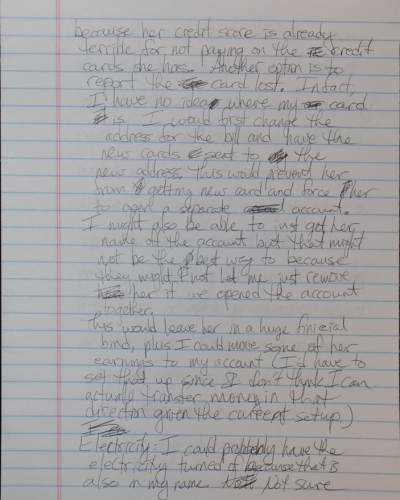 PFA Payback Handwritten notes on lined paper discussing credit card issues, account changes, and financial options.