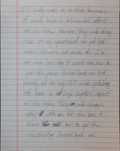 PFA Payback Handwritten note on lined paper discussing providing hot water and meals to children during a power outage.
