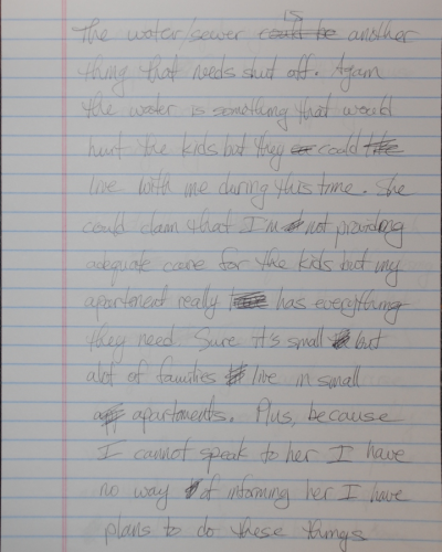 PFA Payback Handwritten note on lined paper discussing water/sewer issues, apartment living, and communication challenges with a parent or guardian.