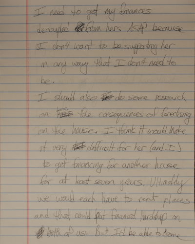 PFA Payback Handwritten note on lined paper discussing financial separation and housing consequences.