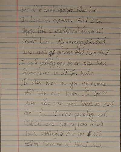 PFA Payback Handwritten note on lined paper discussing financial power, car loan removal, and debt management.