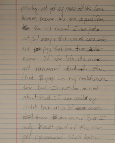 PFA Payback Handwritten note on lined paper discussing loan repayment, joint account usage, car repossession risk, and credit score impact.