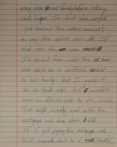 PFA Payback Handwritten notes on lined paper discussing financial strategies involving family loans, debt management, mortgages, and court records.