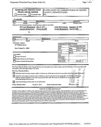 Temporary PFA A scanned legal document titled 'Temporary Protection From Abuse Order' from Centre County, Pennsylvania, dated January 4, 2013, listing plaintiff and defendant information with co