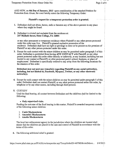 Temporary PFA A scanned legal document titled 'Temporary Protection From Abuse Order' dated January 4, 2013, containing numbered clauses regarding protection orders and custody arrangements.