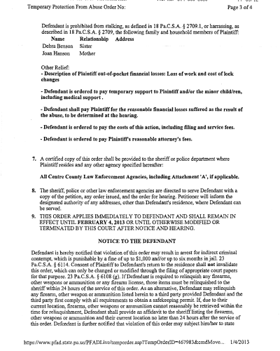 Temporary PFA A scanned legal document page titled 'Temporary Protection From Abuse Order No:' showing text about prohibited stalking, financial losses, and enforcement details.