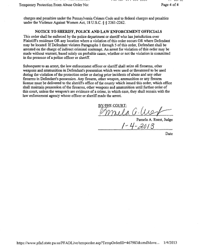 Temporary PFA A scanned legal document page showing enforcement instructions for a Temporary Protection From Abuse Order, signed by Judge Pamela A. Ruest on January 4, 2013.