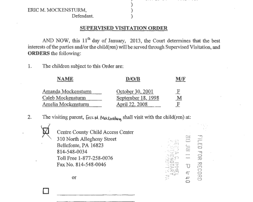 A supervised visitation order issued by a Pennsylvania court in 2013. A scanned legal document titled 'Supervised Visitation Order' from the Court of Common Pleas of Centre County, Pennsylvania, dated January 11, 2013.
