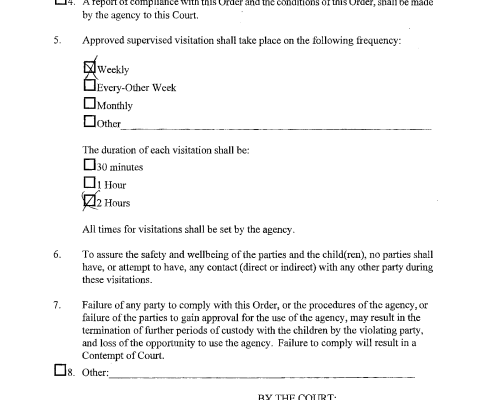 Legal order detailing supervised visitation protocols and agency compliance requirements. A scanned legal document page with numbered clauses regarding supervised visitation procedures, including checkboxes for frequency and duration.