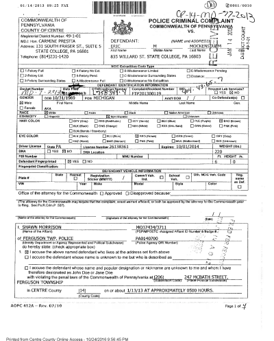 A scanned police criminal complaint form from Pennsylvania showing defendant information and arrest warrant details.