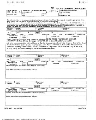 A police criminal complaint form showing three offense entries with details on statutes and acts of the accused.
