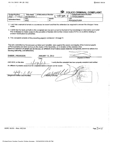 A scanned police criminal complaint form from Pennsylvania dated January 14, 2013, with typed and handwritten fields including defendant name Eric M. Mockensturm, docket number MD-