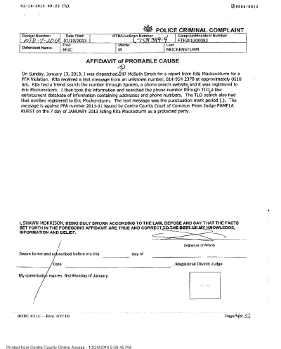 A police criminal complaint affidavit document dated January 13, 2013, filed by Shawn Morrison regarding a PFA violation involving Rita Mockensturm and Eric Mockensturm.