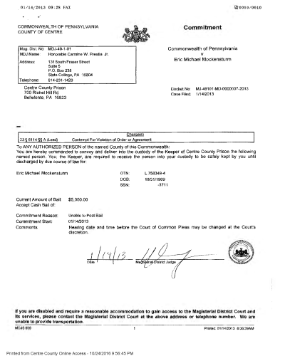 Commitment Order A scanned legal commitment document from the Commonwealth of Pennsylvania, County of Centre, dated January 14, 2013, detailing bail and custody arrangements for Eric Michael Mocken