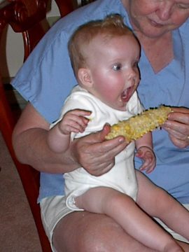 A baby in a white onesie sits on an adult's lap holding a long piece of corn on the cob, with the adult wearing blue scrubs.