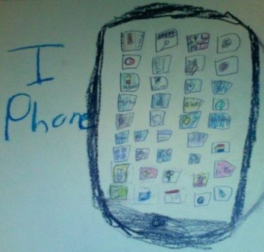 Hand-drawn sketch of a smartphone filled with colorful app icons and the handwritten text 'I Phone' on white paper.