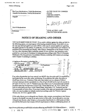 Scanned legal document: Notice of Hearing and Order for Protection From Abuse case in Centre County, Pennsylvania. A scanned legal notice of hearing and order from Pennsylvania Court of Common Pleas, detailing a civil action for protection from abuse with scheduled hearing date January 14, 2013