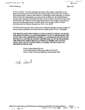 Scanned legal notice requiring firearm relinquishment within 24 hours. A scanned legal notice of hearing document from Pennsylvania regarding firearm relinquishment, with handwritten notes and contact information for legal aid.