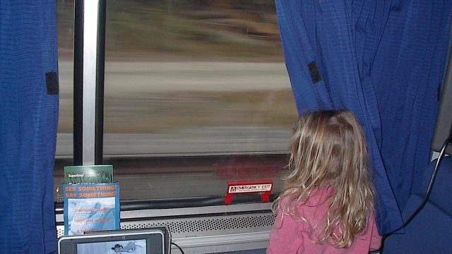 A child looks out the window of a moving train. A young girl with long blonde hair wearing a pink shirt sits facing a train window while looking out at the passing scenery.