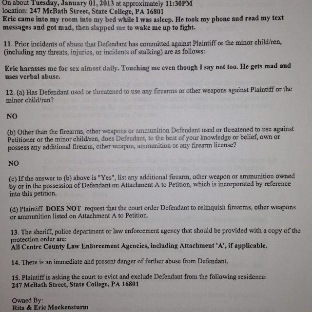 Rita's Application A scanned legal document titled 'Petition For Protection From Abuse' detailing abuse incidents and requesting court order.