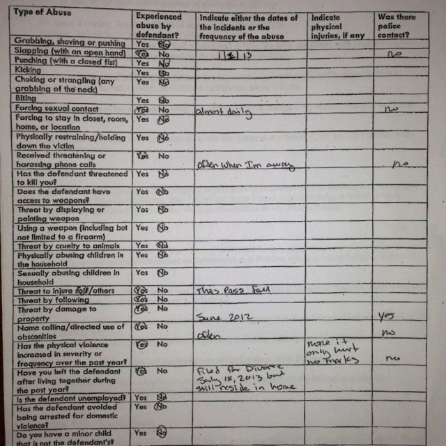 Rita's Application A scanned abuse checklist form with handwritten responses indicating physical violence incidents and police contact.