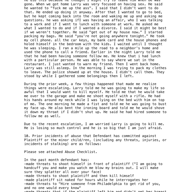 Moore PFA Application A scanned document showing text about domestic abuse incidents, threats, and a checklist of past abusive behavior.