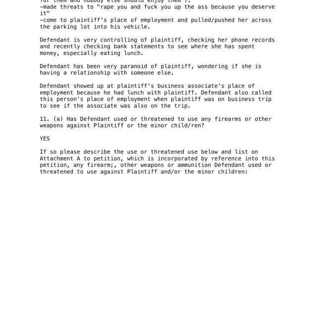 Moore PFA Application A scanned document page showing text about domestic abuse threats and a question regarding firearms or weapons used against the plaintiff.