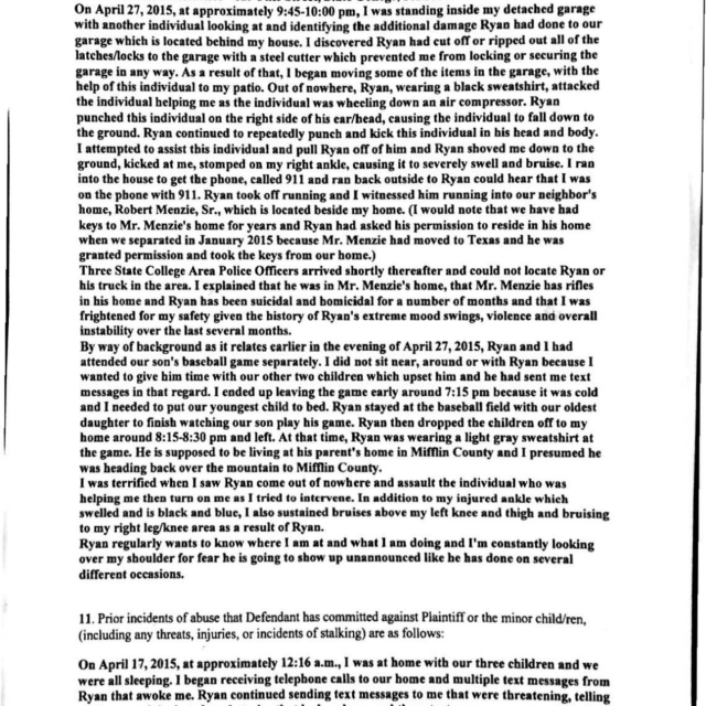 Torquato PFA Application A scanned page from a legal petition detailing incidents of abuse, including physical altercations and threats, dated April 2015.