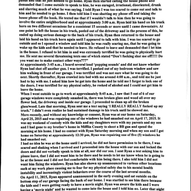 Torquato PFA Application A scanned page from a legal petition titled 'Petition For Protection From Abuse' containing typed text describing personal experiences and events.