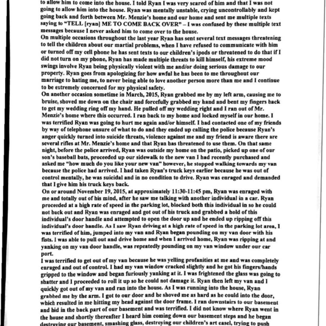 Torquato PFA Application A scanned page from a legal petition document detailing personal safety concerns and incidents involving an individual named Ryan.