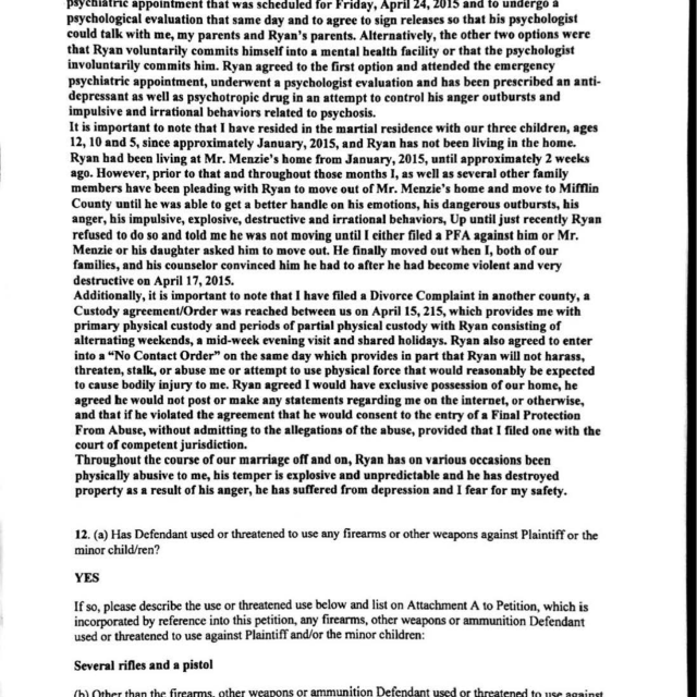 Torquato PFA Application A scanned page from a legal petition form detailing personal history, abuse allegations, and firearm use.