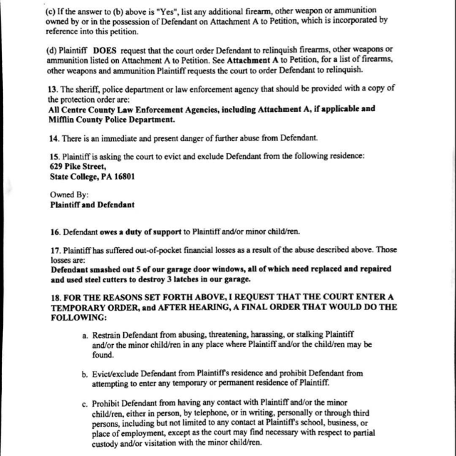 Torquato PFA Application A scanned legal document titled 'Petition For Protection From Abuse' containing numbered sections regarding firearms, residence eviction, and restraining orders.