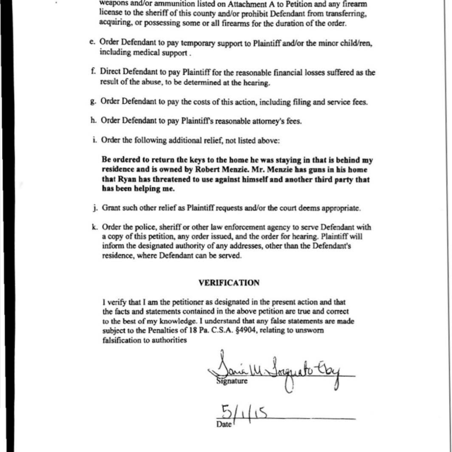 Torquato PFA Application A scanned legal document titled 'Petition For Protection From Abuse' containing numbered relief orders, a verification statement, and a handwritten signature dated 5/1/15.