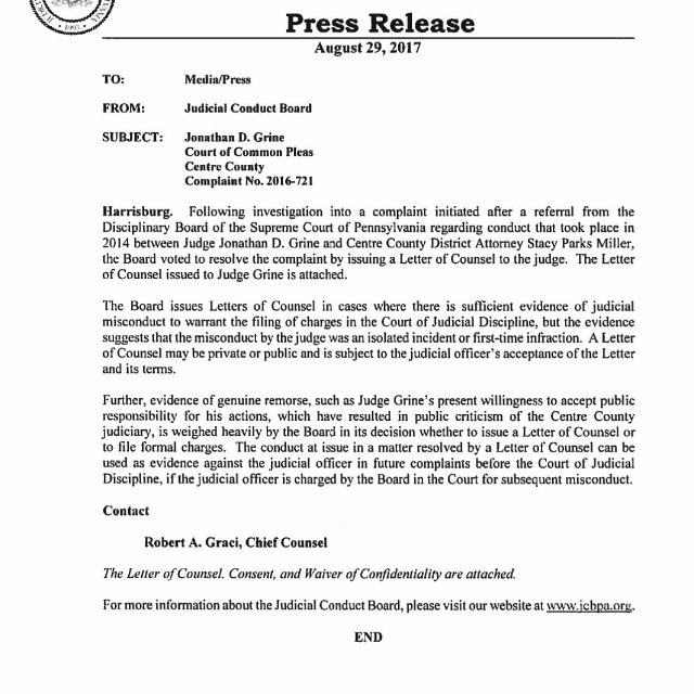 A press release from the Judicial Conduct Board of Pennsylvania dated August 29, 2017, regarding Judge Jonathan D. Grine and Complaint No. 2016-721.