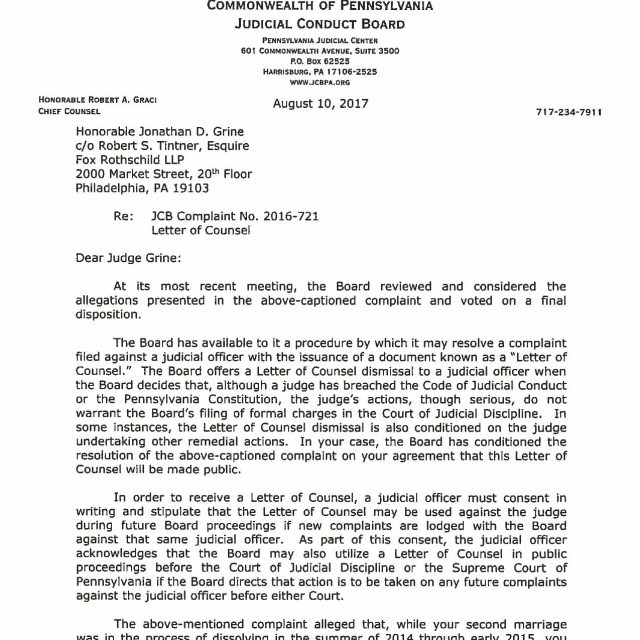 A formal letter from the Commonwealth of Pennsylvania Judicial Conduct Board dated August 10, 2017, addressed to Honorable Jonathan D. Grine regarding JCB Complaint No. 2016-721.